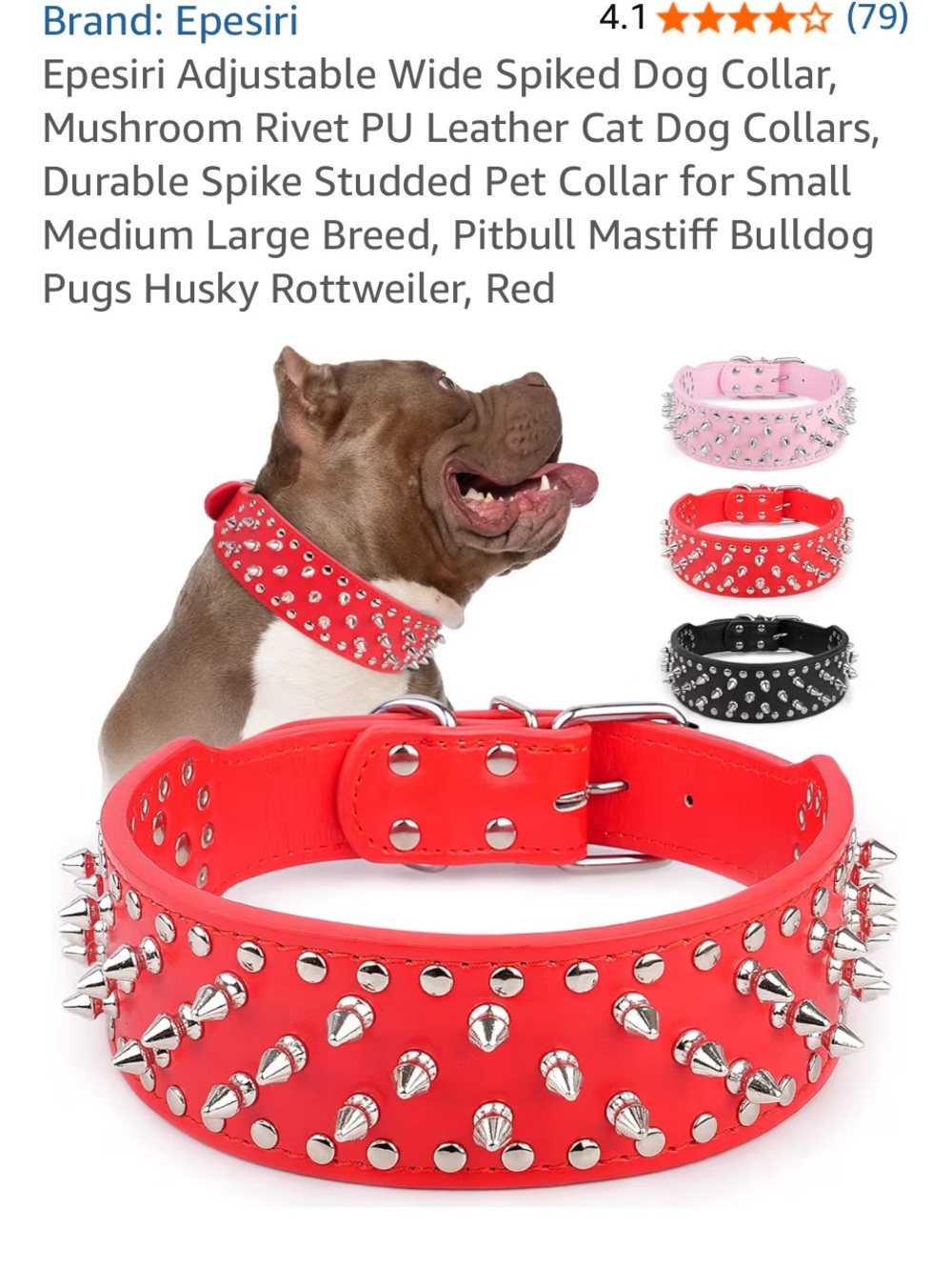 New Red Spiked PU Leather Dog Collar - Adjustable Studded Pet Collary- 16”-19”.